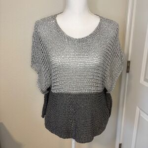 Eileen Fisher Grey Colorblock Open Stitch Knit Top Italian Yarn Size M